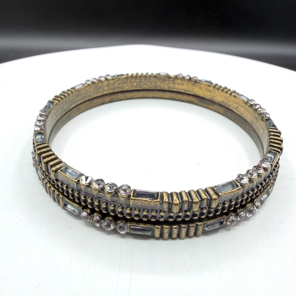 Antiqued Gold Tone Rhinestone Baguette Crystal Bangle Bracelet Set Boho Stack